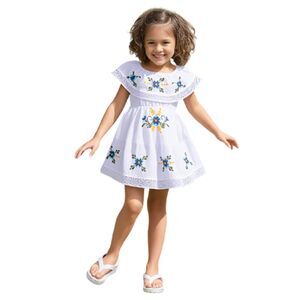 White Mexican Floral Embroidered Ruffle Dress Size 1
